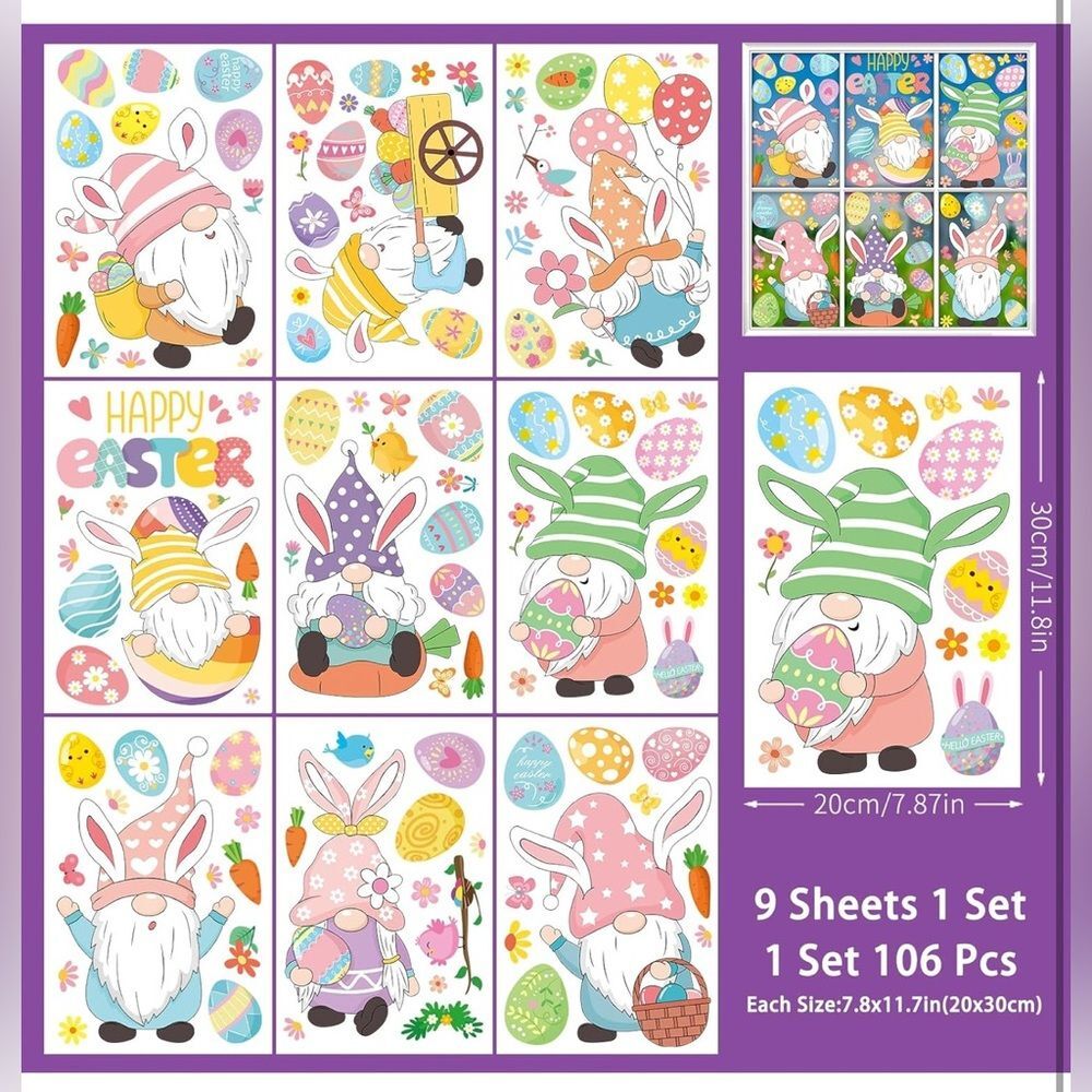 Gnome Easter Window Clings - 9 Sheets Stickers for Glass Windows NIP 2 set - Picture 3 of 10